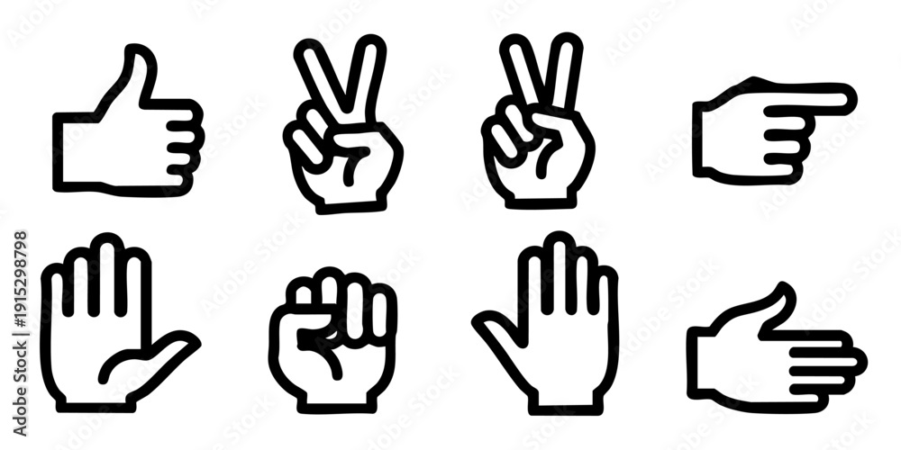 Obraz premium Collection of Hand Gestures Illustrating Various Signs and Symbols in Simple Line Art Style