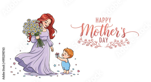 Mother and child celebrating Mother's Day with flowers and gift, isolated on transparent background