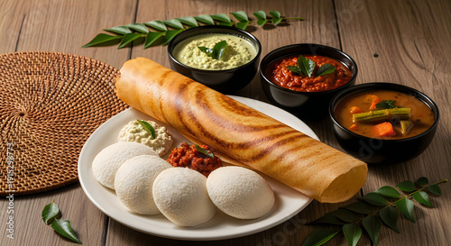 Traditional indian idli and dosa breakfast with sambar and chutney