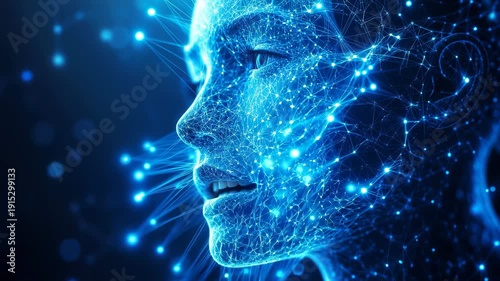 Close-up of a digital speaking female face made of glowing blue neural networks and connecting lines.