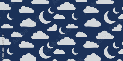 A serene night sky pattern featuring clouds and moons in various phases