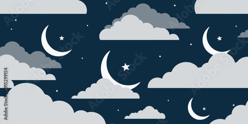 Crescent moons and stars shine brightly among clouds in a serene night sky illustration