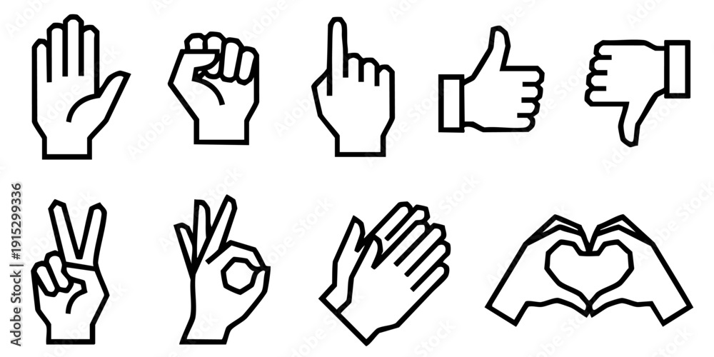 Fototapeta premium Various hand gestures and signs illustrated in a simple line art style against a plain white background