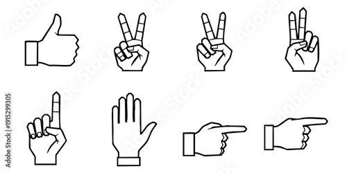Collection of Hand Gestures and Signs in Simple Line Art Illustrations