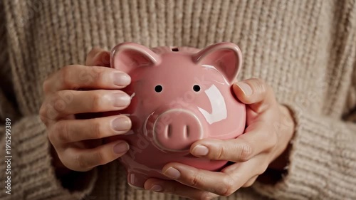 psychology of money concept. Person holding a pink ceramic piggy bank against a knitted sweater background