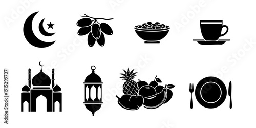 Ramadan icons set illustrating fasting, prayer, and traditional food in a simple, monochromatic style from a cultural perspective.