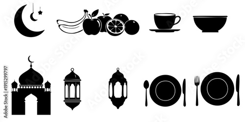 Celebrating a festive meal during Ramadan with traditional symbols and table setting in a serene environment from a straightforward viewpoint