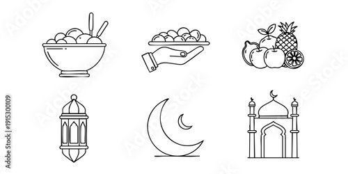 Collection of traditional Ramadan icons including food, lantern, and mosque illustrations viewed from a straightforward perspective