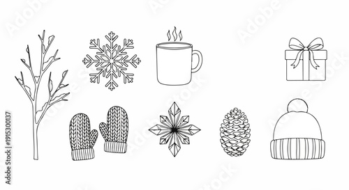 Winter-themed illustrations featuring various seasonal objects and decorations Vector