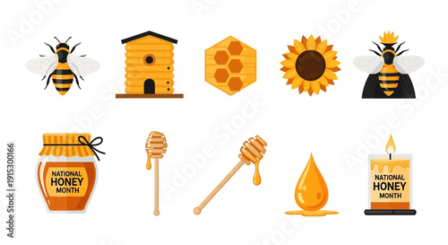 A collection of ten yellow and orange icons related to bees and honey arranged in two rows