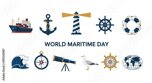 A graphic design for World Maritime Day featuring ten nautical icons above and below the text