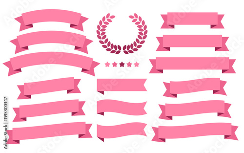 ピンクのリボンと月桂樹フレームの装飾セット｜星付きバナー・見出し枠・アワードデザイン素材