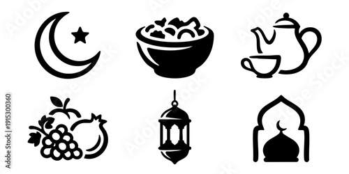 Ramadan icons set featuring crescent moon, dates, tea, fruits, lantern, and mosque in simple black silhouettes