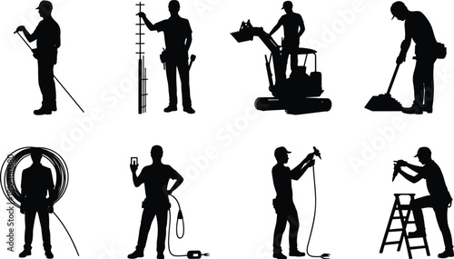 Construction worker silhouette set illustration, professional labor occupations, electrician, builder, plumber, repairman, industrial jobs, tools, black vector icons, collection, graphic
