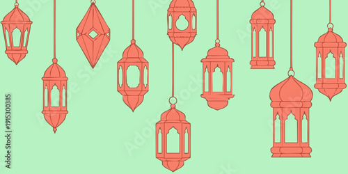 Collection of ornate lanterns hanging from above against a soft green background