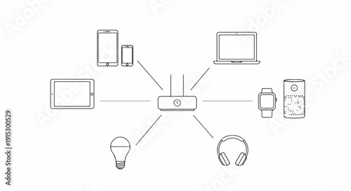 Illustration of a smart home network with various connected devices. Vector
