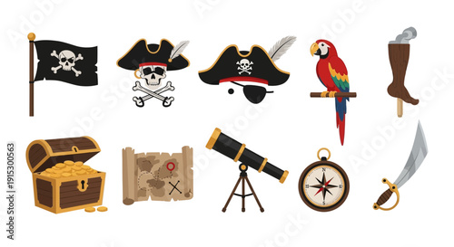 Collection of piratethemed icons including a flag hats skull parrot peg leg treasure map telescope compass and cutlass