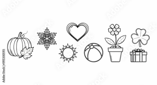 Foto Assorted black and white line drawings of various objects and symbols Vector