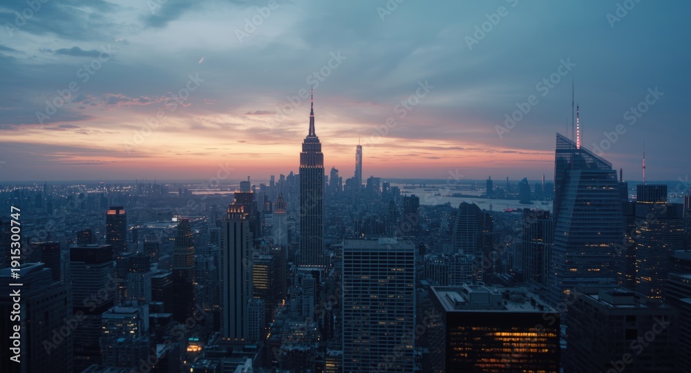 Obraz premium Skyline featuring high rises under a soft fading sunset light