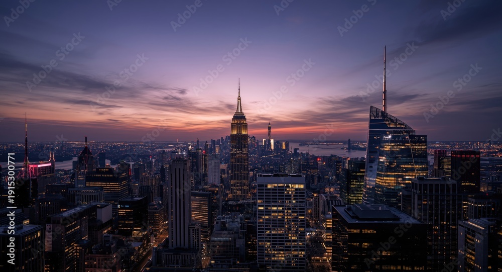 Fototapeta premium Skyline view at twilight featuring copy space for text
