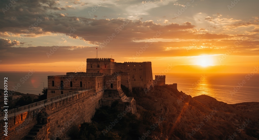 Obraz premium Fortress framed by breathtaking golden sunset and peaceful horizon