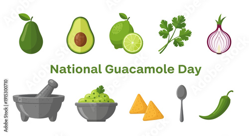 Flat icons illustrating whole and cut avocados limes cilantro onion molcajete guacamole chips spoon and chili pepper