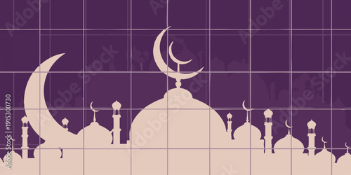 Mosque silhouette with crescent moon against grid background, illustration of Islamic architecture, peaceful scene, nighttime, serene atmosphere
