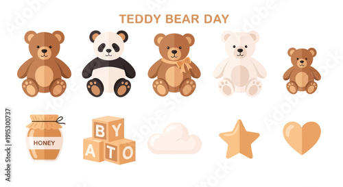 Flat illustration of Teddy Bear Day with various teddy bears and related icons