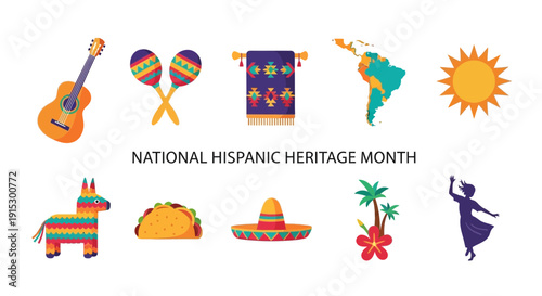 Flat icons representing Hispanic culture featuring a guitar maracas rug map sun piñata taco sombrero plants and dancer