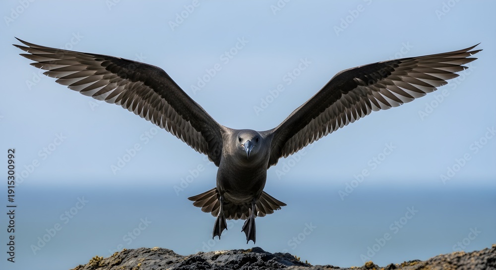 Fototapeta premium Majestic Brown Skua Ascending Skyward with Wingspan, a Bird in Flight, Over Blue Ocean