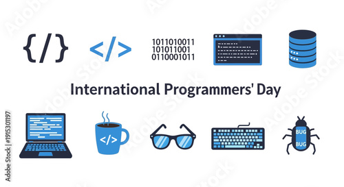Icons related to programming surround the text International Programmers Day