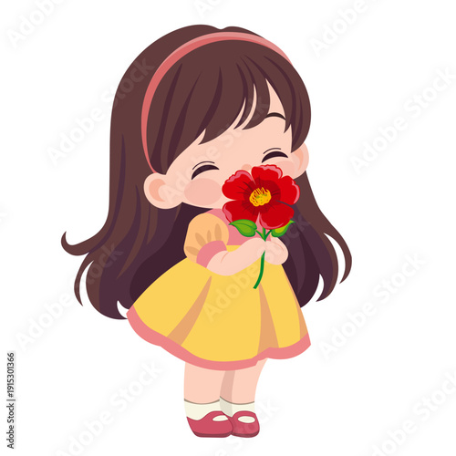 A girl with a red flower without a background