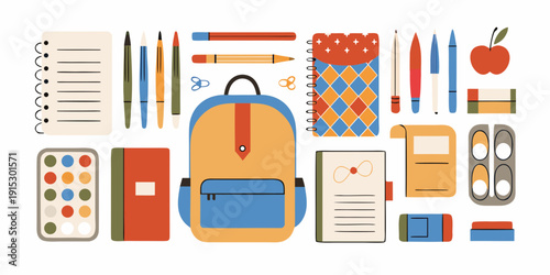 Colorful school supplies arranged in a flat lay composition