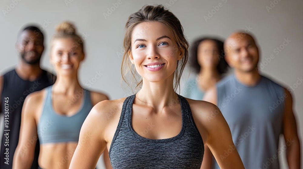 © shokokoart - Motivierte Gruppe beim gemeinsamen Fitnesstraining im Studio. Junge Erwachsene in Sportkleidung, Fokus auf Gesundheit, Bewegung, Teamgeist und aktiven Lebensstil.