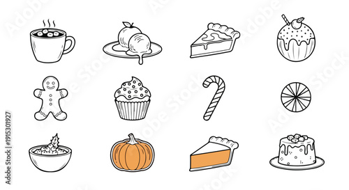 Assorted delicious treats and festive foods in black and white illustration Vector