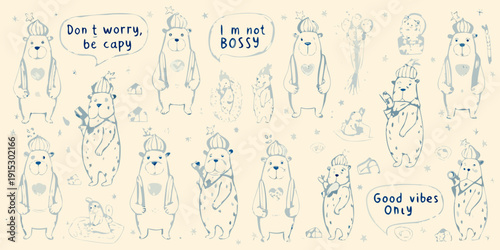 A collection of whimsical hand drawn polar bear illustrations with positive messages