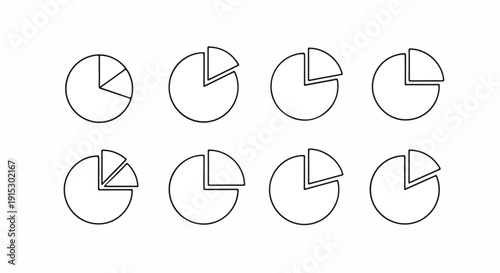 Eight pie charts with varying slices representing different data portions. Vector