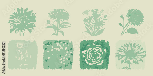 Stylized botanical illustrations of various green flowers and leafy textures