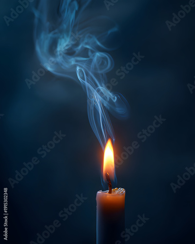 Atmospheric close-up of a burning candle with elegant blue smoke swirls against a dark moody background, symbolizing hope, memory, meditation, or spirituality.