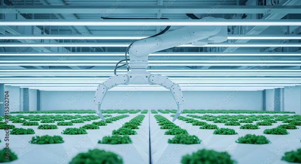 Fototapeta premium Robotic Arm Tending to Green Plants in a Futuristic Indoor Farming Environment