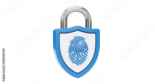 Blue shield padlock with a fingerprint icon on its front, symbolizing security and privacy. The metal shackle suggests protection and safety.
