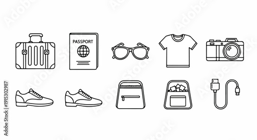 Essential items for a memorable and comfortable travel experience Vector