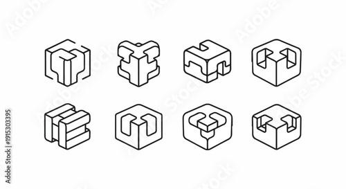 Eight unique geometric shapes with varying complexities and structures Vector