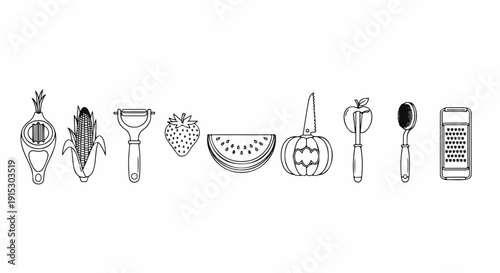 A diverse collection of kitchen utensils and fresh fruits for cooking and meal preparation Vector