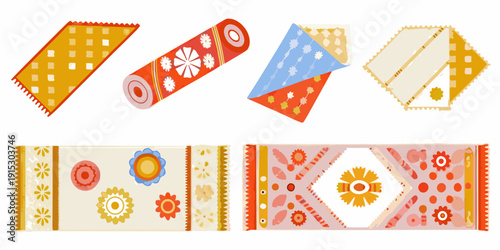 Colorful collection of stylized traditional central asian ikat rugs and textiles