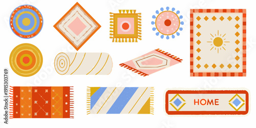 Collection of colorful patterned rugs and textile elements in a flat style