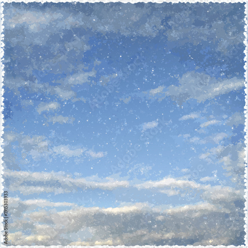 A serene cloudy sky with a soft painterly texture and white border