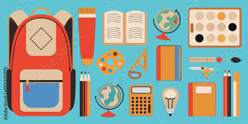 School supplies arranged in a colorful flat lay composition