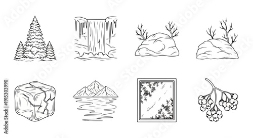 A collection of diverse natural landscapes and objects in black and white line drawings Vector
