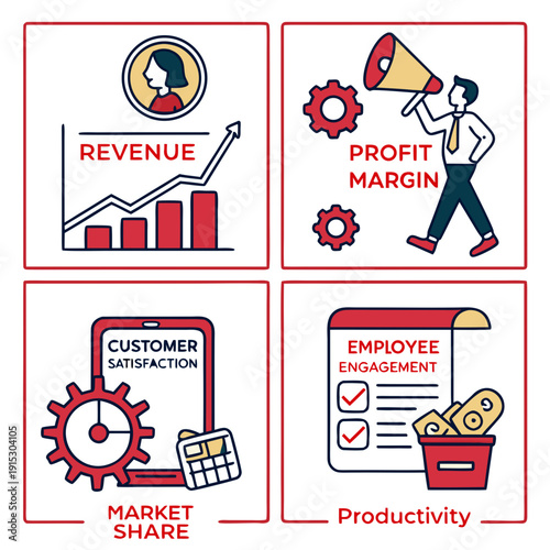 Business kpi set revenue profit margin market share productivity